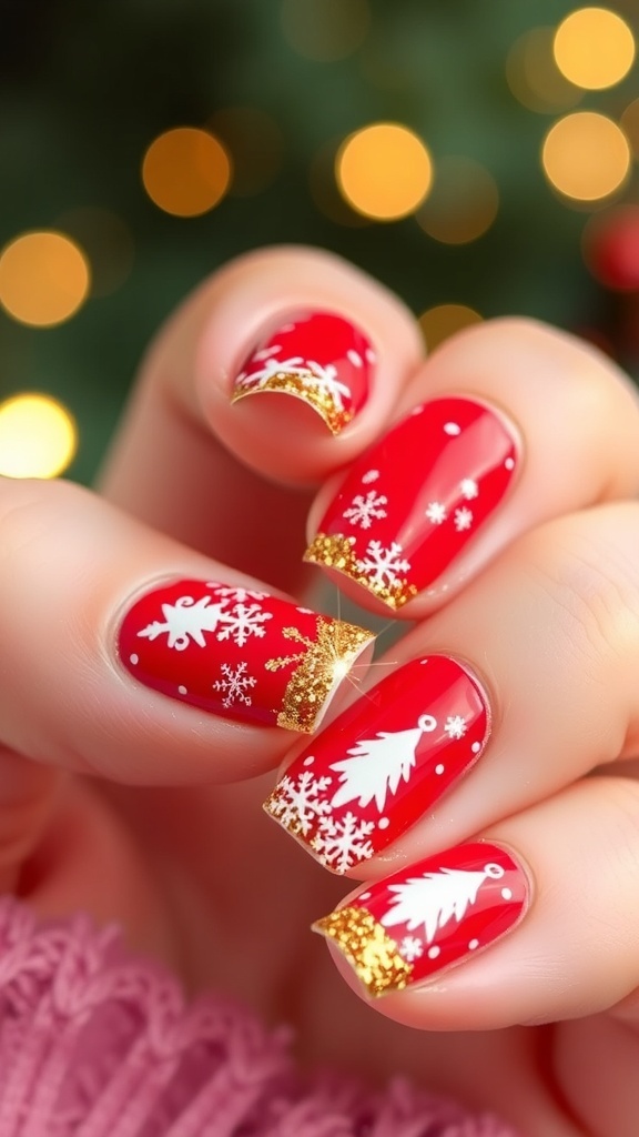 Close-up of Christmas nail art with red base, gold glitter tips, and white snowflakes.